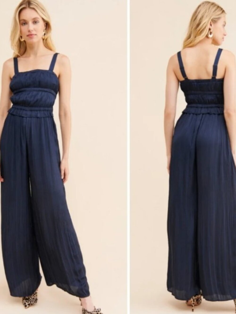 Current Air by Anthropologie Navy Pleated Wide Leg Jumpsuit Size M